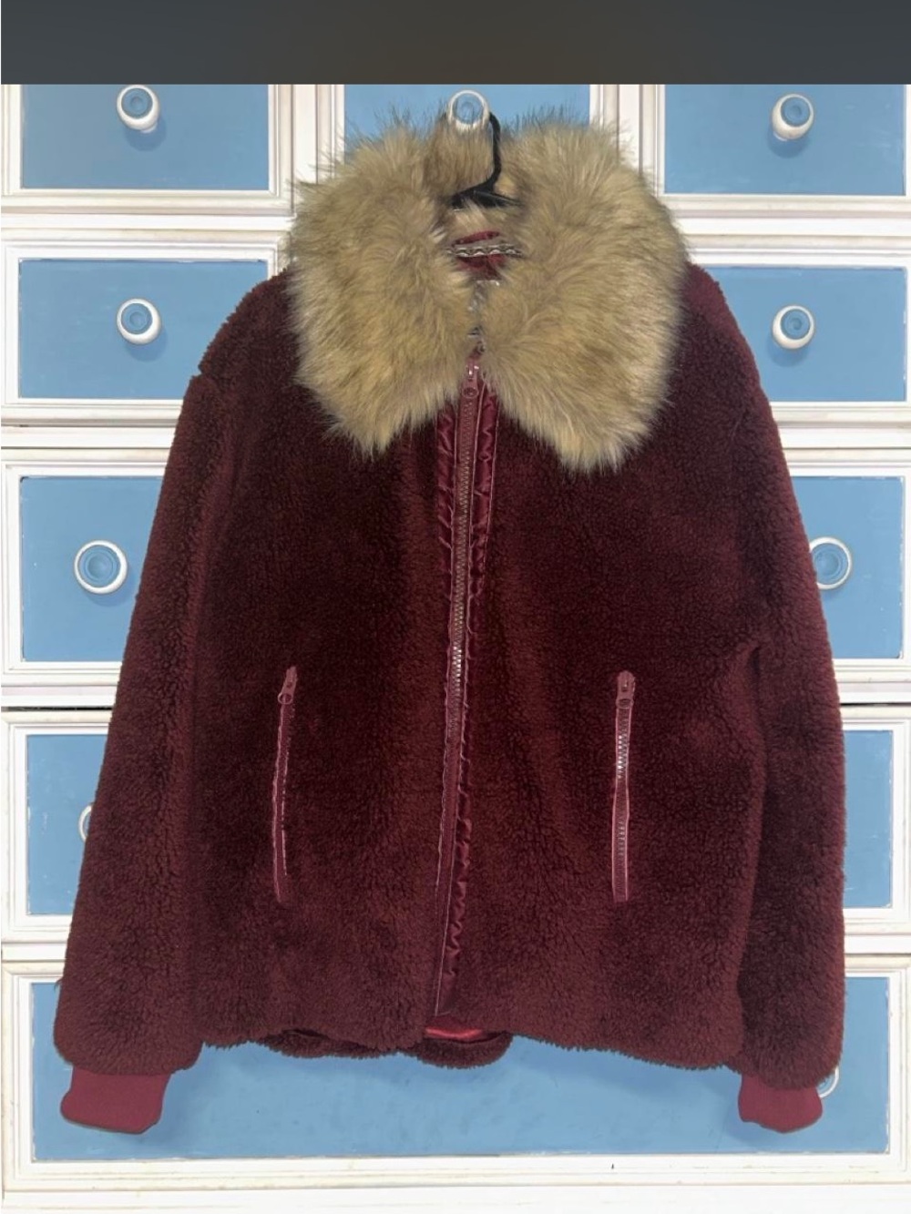 Women's Burgundy Teddy Jacket with Faux-Fur Collar